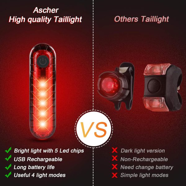 Ascher USB Rechargeable LED Bike Tail Light 2 Pack, Bright Bicycle Rear - Image 3