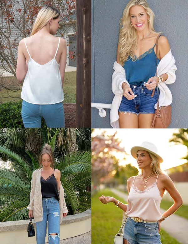 Ekouaer Women's 2 PCS Silk Satin Tank Top Lace Cami Spaghetti Strap Top V - Image 5
