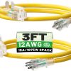 2 Pack 3 ft 12/3 Outdoor Extension Cord Waterproof Heavy Duty with Lighted