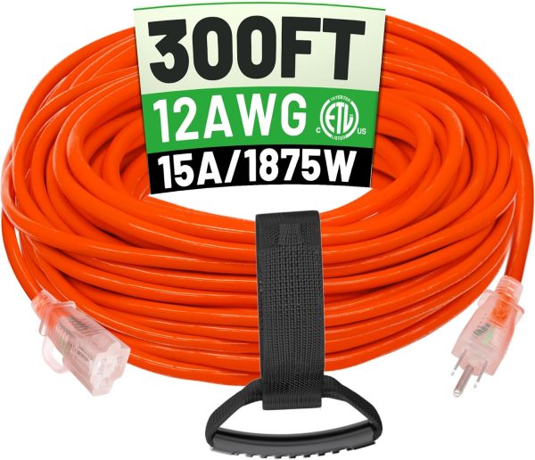 300 ft 12/3 Outdoor Extension Cord Waterproof Heavy Duty with Lighted End