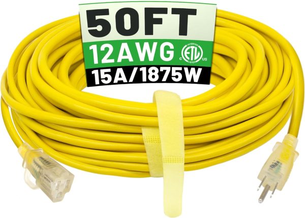 50 ft 12/3 Outdoor Extension Cord Waterproof Heavy Duty with Lighted