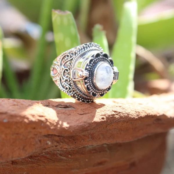 Genuine Moonstone Ring, Poison Box Ring, Perfume Box Ring, Locket Bali - Image 3