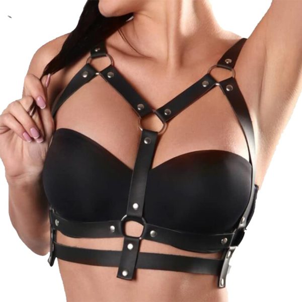 Wiwpar Punk Black Leather Chest Harness Body Waist Chain Belt Rave - Image 2