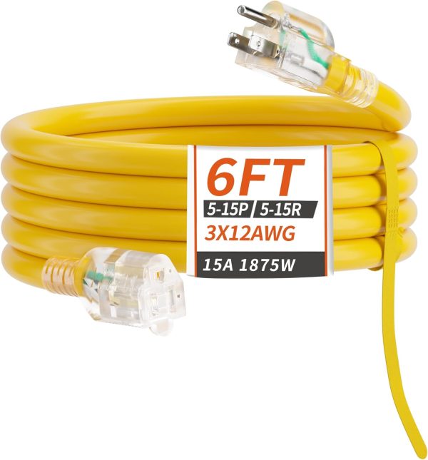 6 FT 12/3 Gauge Heavy Duty Outdoor Extension Cord Waterproof with Lighted,