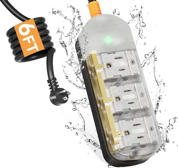 6 FT Extension Cord Outdoor Power Strip Weatherproof, Surge Protector Power