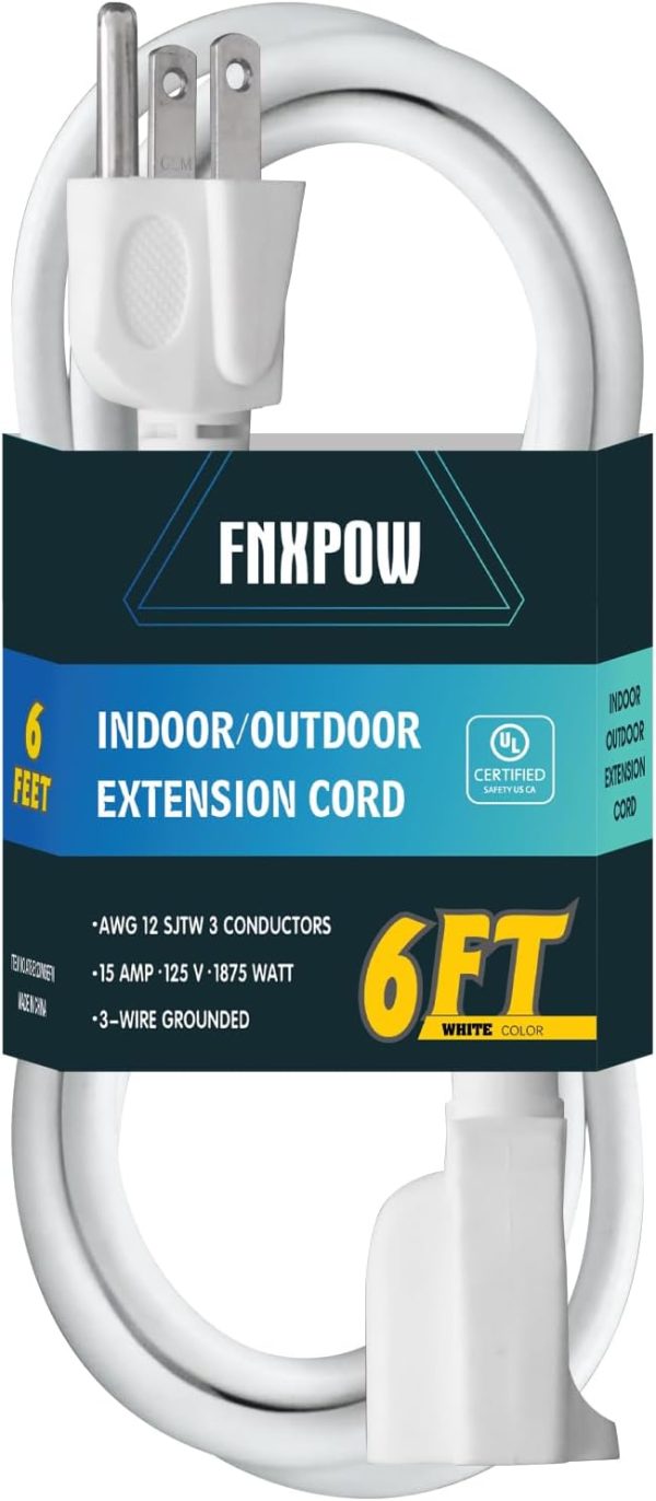 6 Ft Outdoor Extension Cord - 12/3 SJTW Heavy Duty White Extension Cable