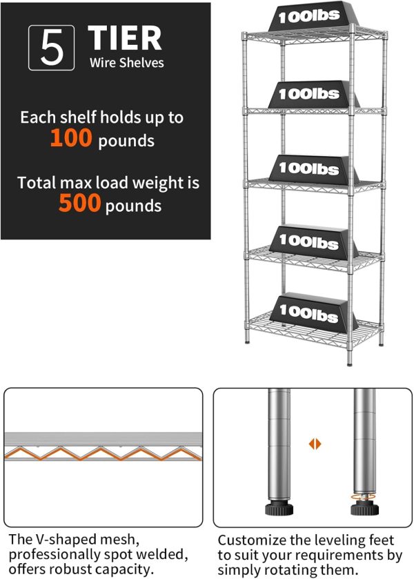 SINGAYE 5 Shelves Storage Shelf Wire Shelf Adjustable Storage Shelving - Image 4