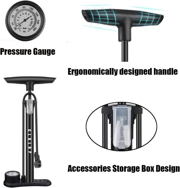 CLOLOP Bike Floor Pump with Gauge,Bike Air Pump Tire Pump Inflator, for - Image 2