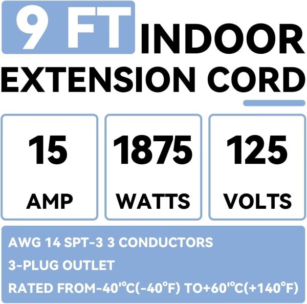 9 Ft Black Appliance Extension Cord - 14 Gauge 3 Prong SPT-3 Cable Wire, - Image 2