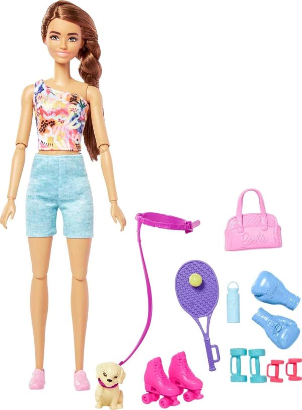 Barbie Self-Care Doll, Brunette Posable Workout Doll with Puppy & - Image 2