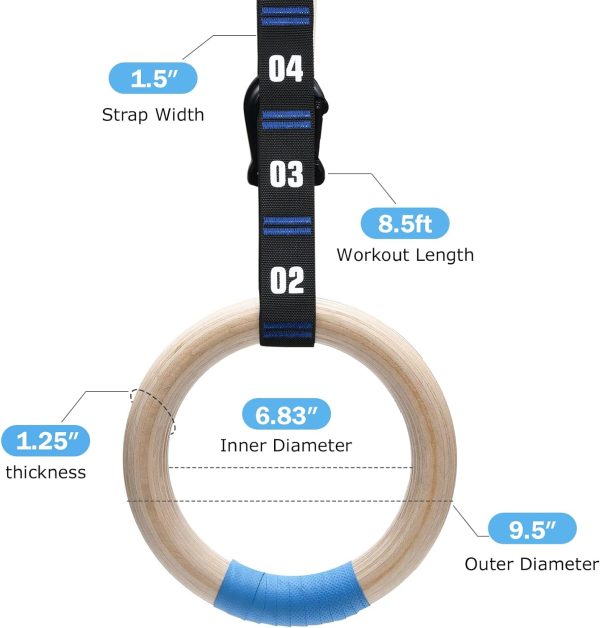 Wooden Gymnastic Rings with Adjustable Numbered Straps. 1.25'' Olympic - Image 4