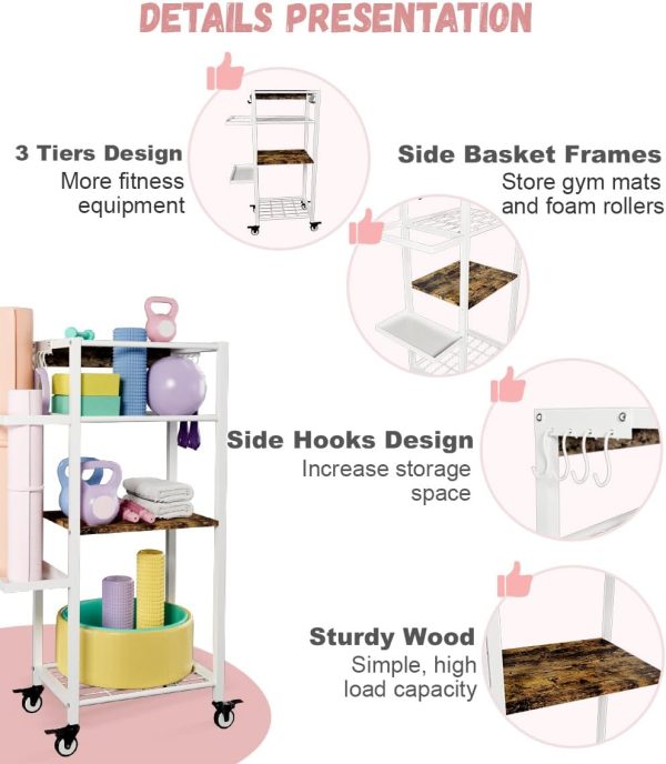 Yoga Mat Storage Rack with Wheels, 3 Tier Home Gym Workout Equipment - Image 3