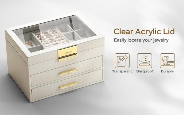 Jewelry Box with Glass Lid, 3-Layer Jewelry Organizer, 2 Drawers, for Big - Image 2