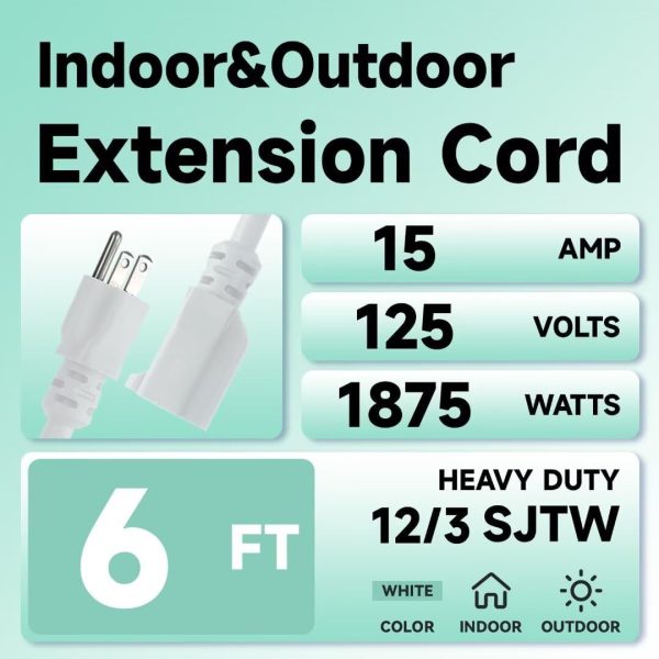 6 Ft Outdoor Extension Cord - 12/3 SJTW Heavy Duty White Extension Cable - Image 2