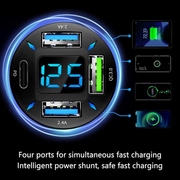 Car Charger 66W Super Fast Charging with USB PD&QC 3.0(Voltmeter&LED - Image 4