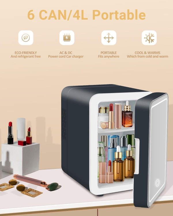 Upgrade Skincare Fridge with Dimmable LED Light Mirror, 4L/6Can Cooler - Image 6