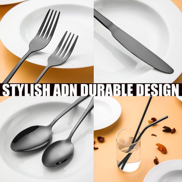84 Pieces Black Silverware Set Service for 12 Flatware Set with Straws - Image 3