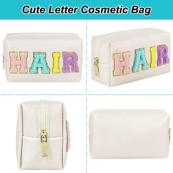 Preppy Patch Makeup Bag, Chenille HAIR Letter Cosmetic Bag,PU Leather - Image 4