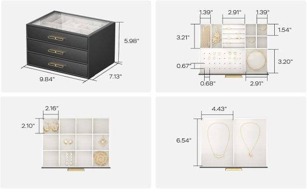Jewelry Organizer with Glass Lid, 3-Layer Jewelry Box, 3 Drawers, for Big - Image 5