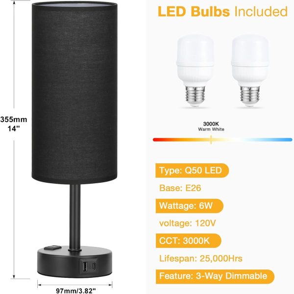 Black Touch Table Lamps Set - 3 Way Dimmable Bedroom Bedside Lamps Set of 2 - Image 4