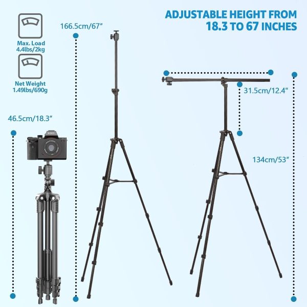 Phone Tripod, Arsoer 67" Adjustable Height Tripod with Horizontal Column - Image 3