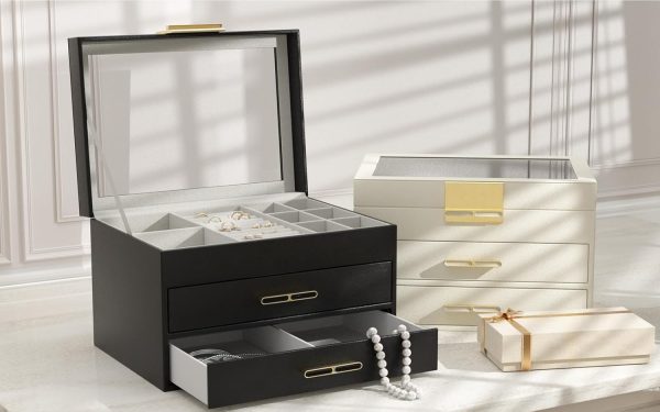 Jewelry Box with Glass Lid, 3-Layer Jewelry Organizer, 2 Drawers, for Big - Image 7