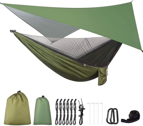 Camping Hammock with Rain Fly Tarp and Mosquito Net Portable Single Double - Image 9