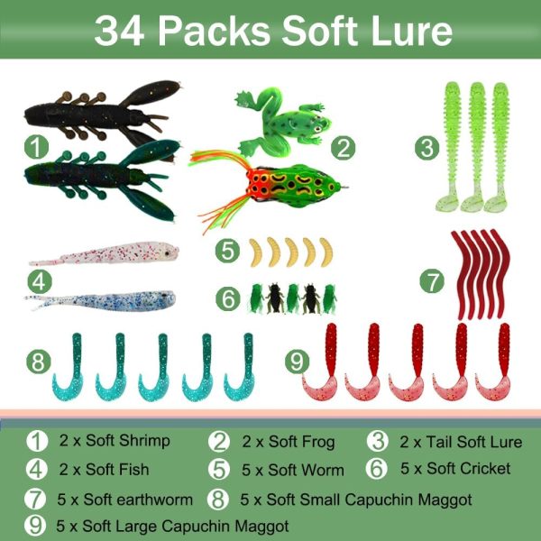 LASOCUHOO Fishing Lures Kit, Spoon Lures, Soft Plastic Worms, Frog Lures, - Image 2