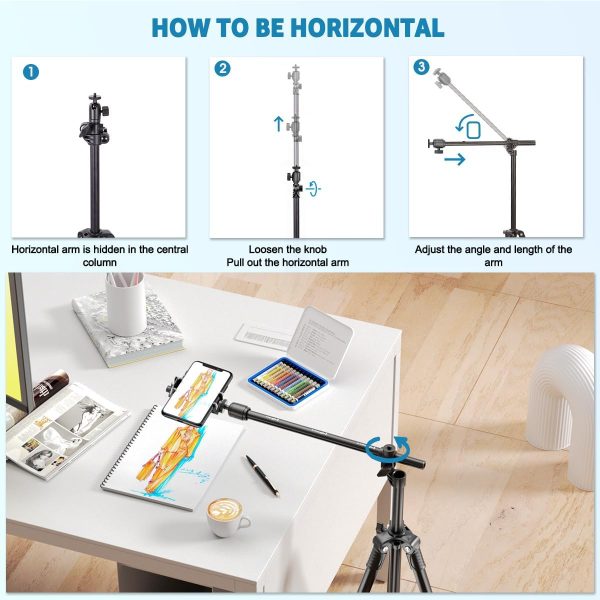 Phone Tripod, Arsoer 67" Adjustable Height Tripod with Horizontal Column - Image 2
