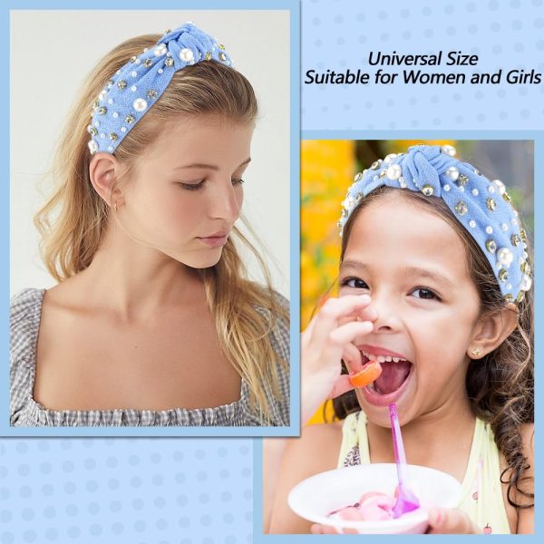 AHONEY Pearl Headband Knotted Light Blue Headband for Women Girls, - Image 3
