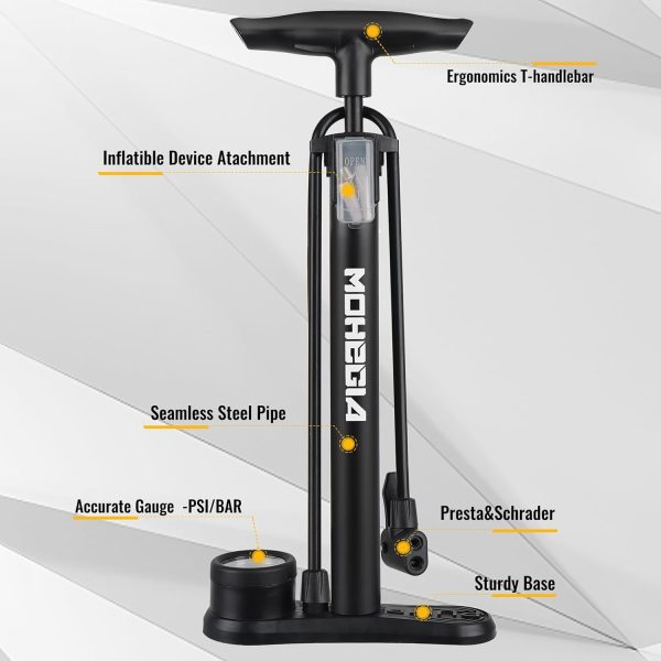 MOHEGIA Bike Floor Pump with Gauge,Air Bicycle Pump Inflator with High - Image 6