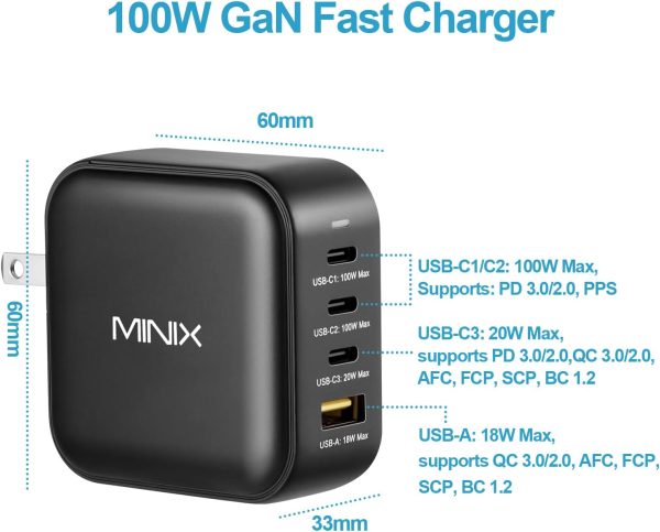 MINIX NEO P3 100W Turbo 4-Ports GaN Wall Charger, 3 x USB-C Port Fast - Image 2