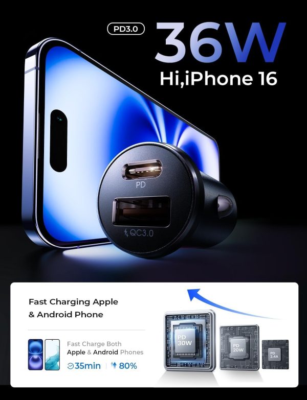 LISEN 54W Car Phone Charger USB C, Cigarette Lighter Adapter, Car - Image 3