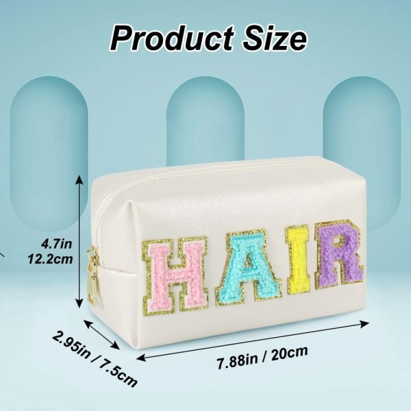 Preppy Patch Makeup Bag, Chenille HAIR Letter Cosmetic Bag,PU Leather - Image 2