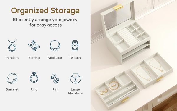 Jewelry Box with Glass Lid, 3-Layer Jewelry Organizer, 2 Drawers, for Big - Image 3