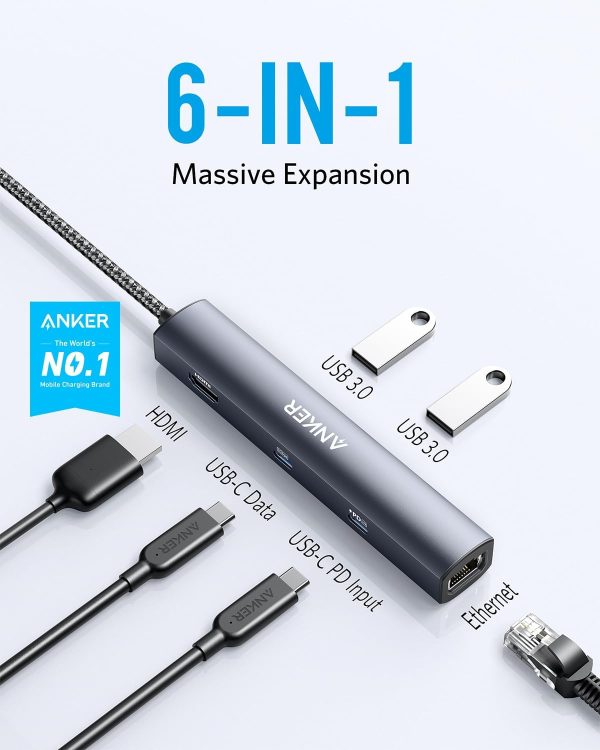 Anker 6-in-1 USB C Hub with 65W Power Delivery, 4K HDMI, 1Gbps Ethernet, - Image 2