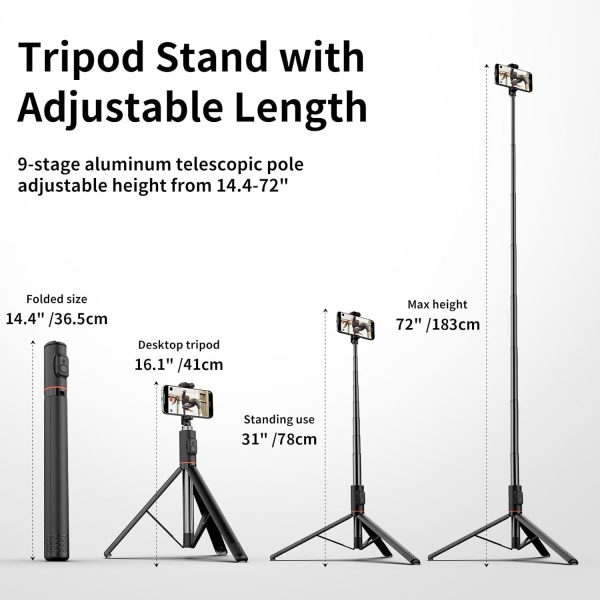 Joyful 72" Phone Tripod & Selfie Stick,Extendable Cell Phone Tripod Stand - Image 3