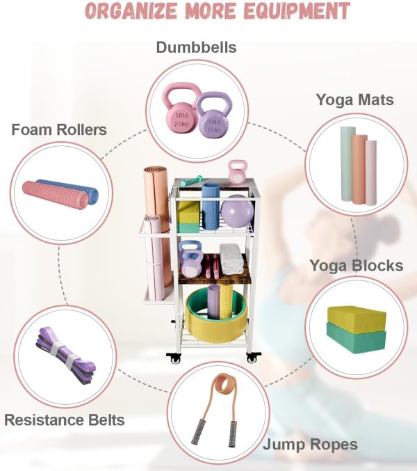Yoga Mat Storage Rack with Wheels, 3 Tier Home Gym Workout Equipment - Image 4
