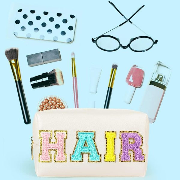 Preppy Patch Makeup Bag, Chenille HAIR Letter Cosmetic Bag,PU Leather - Image 5