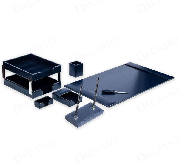 Dacasso Navy Blue Bonded Leather Luxury 9-Piece Desk Set - Blotter Pad & - Image 5