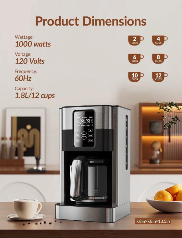 Coffee Maker with Glass Carafe for Home Office, Programmable Stainless - Image 2