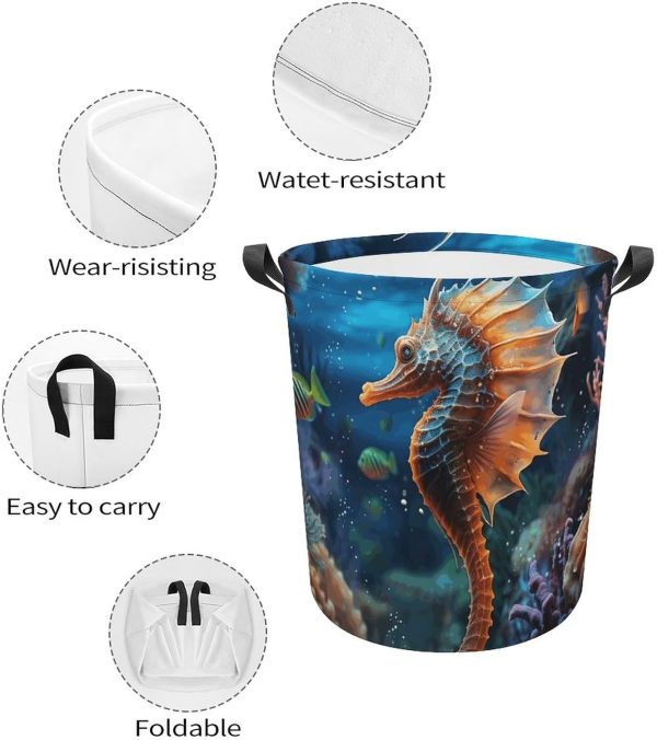 Laundry Basket Hamper Ocean Seahorse Waterproof Dirty Clothes Hamper - Image 4