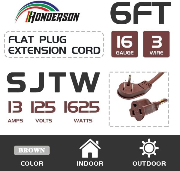 Flat Plug Indoor Extension Cord, UL Listed, 16 Gauge 6FT Brown 3 Prong - Image 2