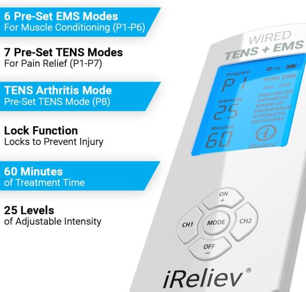iReliev TENS Unit + EMS Muscle Stimulator Comes with 14 Therapy Modes, - Image 6