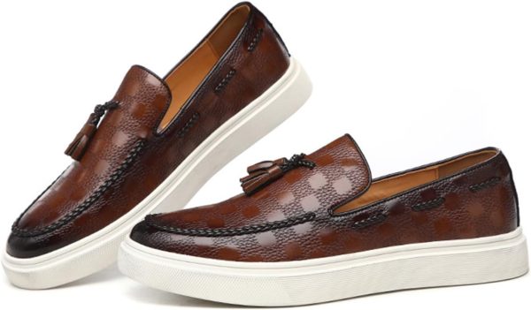 Zeberfi Men's Plaid Pattern Leather Slip On Tassel Loafers Fashion Round - Image 3