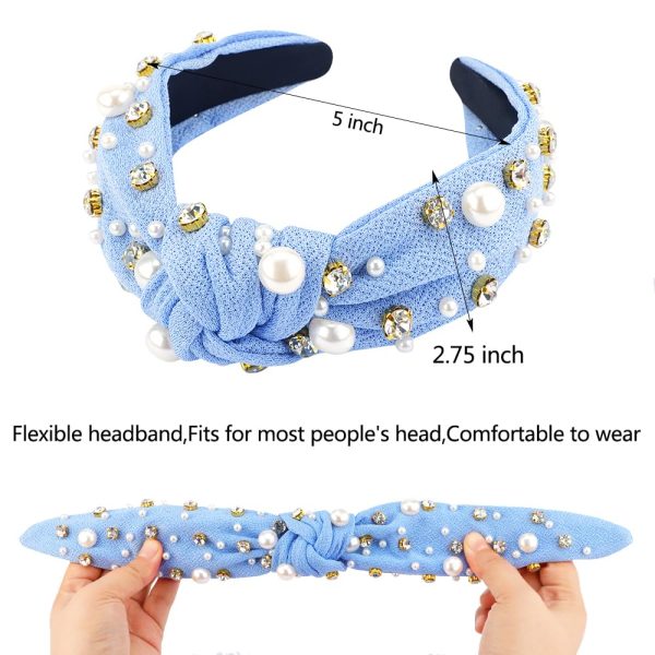 AHONEY Pearl Headband Knotted Light Blue Headband for Women Girls, - Image 5
