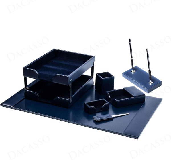 Dacasso Navy Blue Bonded Leather Luxury 9-Piece Desk Set - Blotter Pad & - Image 6