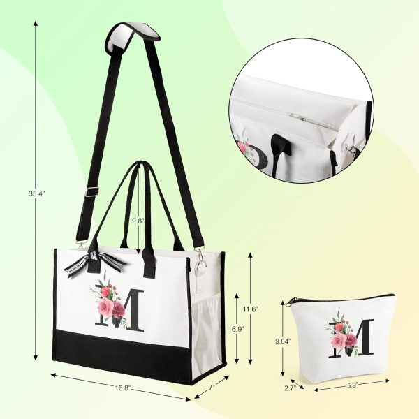 Can-vas Tote Bag for Women w Makeup Bag, Floral Ini-tial Personalized - Image 3