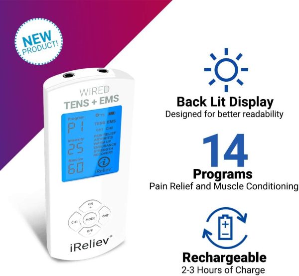 iReliev TENS Unit + EMS Muscle Stimulator Comes with 14 Therapy Modes, - Image 4