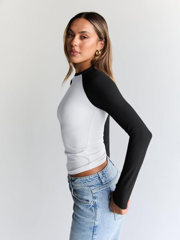 Trendy Queen Women's Long Sleeve Shirts Slim Fit Stretchy Color Block - Image 3